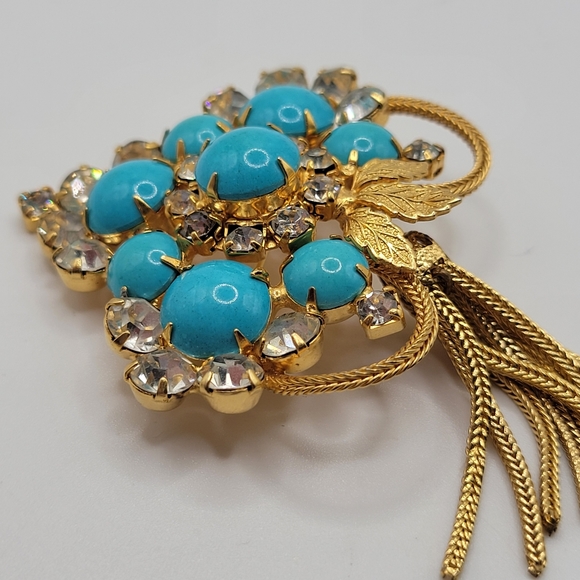 VTG Faux Turquoise & Clear Rhinestones Tassel Brooch | Juliana? Schreiner? - Picture 6 of 10